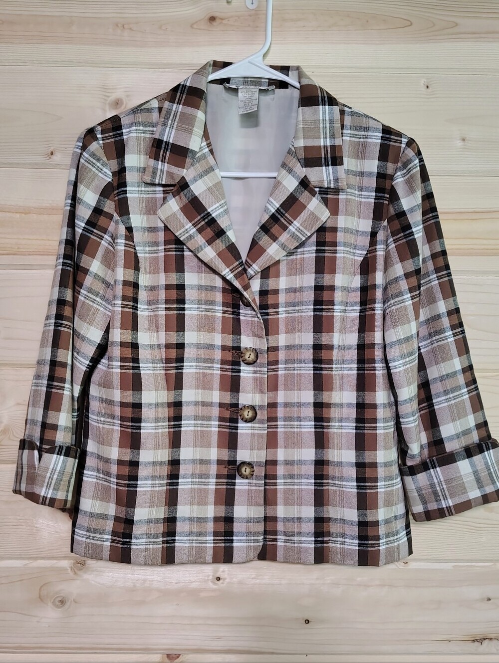 Vintage Dressbarn Women’s Linen Blend Y2K Blazer S Brown Plaid Academia Preppy